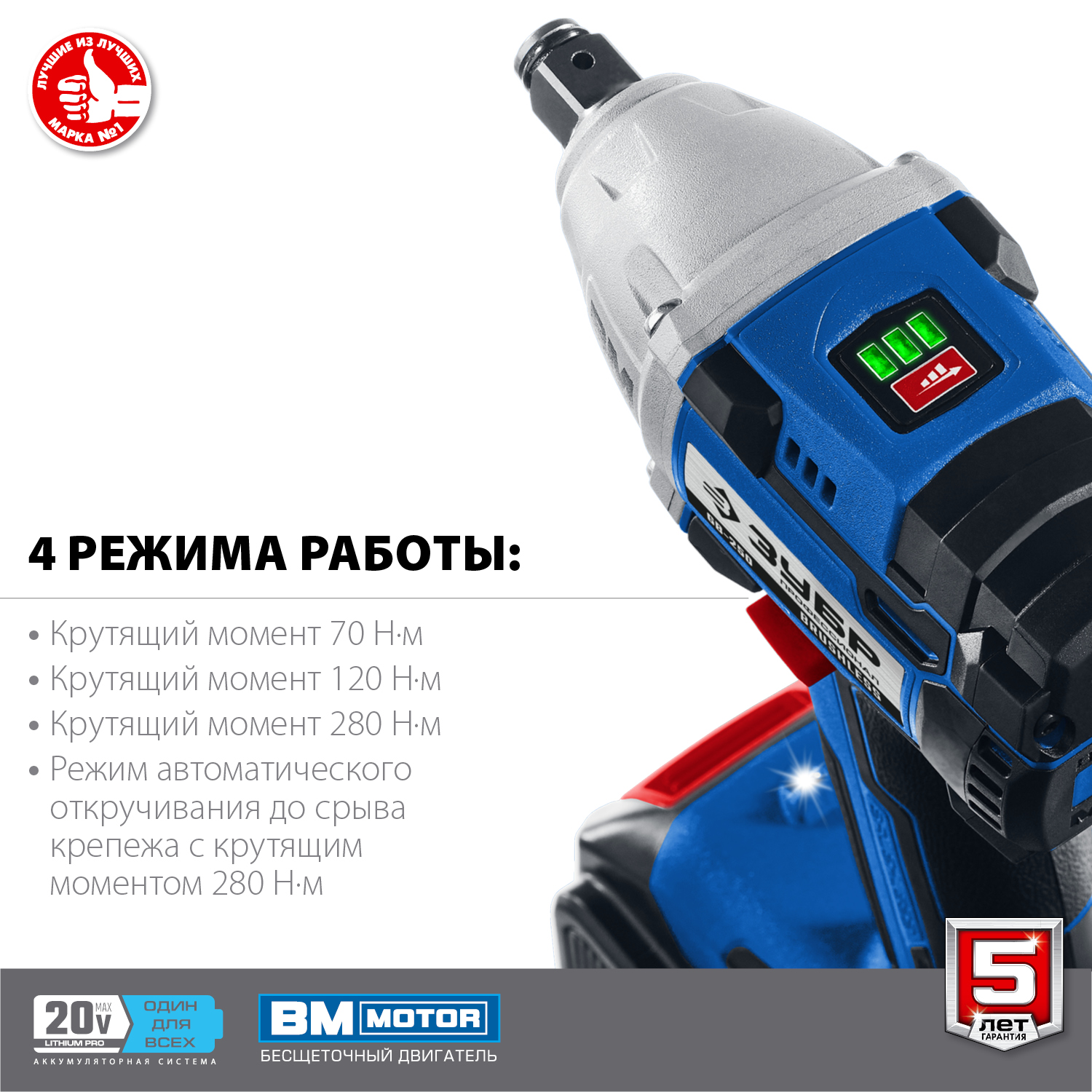 Ударный бесщеточный гайковерт, 2 АКБ (4 Ач), в кейсе GB-250-42