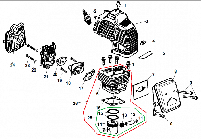 1 ПОРШЕНЬ - ЦИЛИНДР - СВЕЧА - КАРБЮРАТОР ТРИММЕР CHAMPION Т345